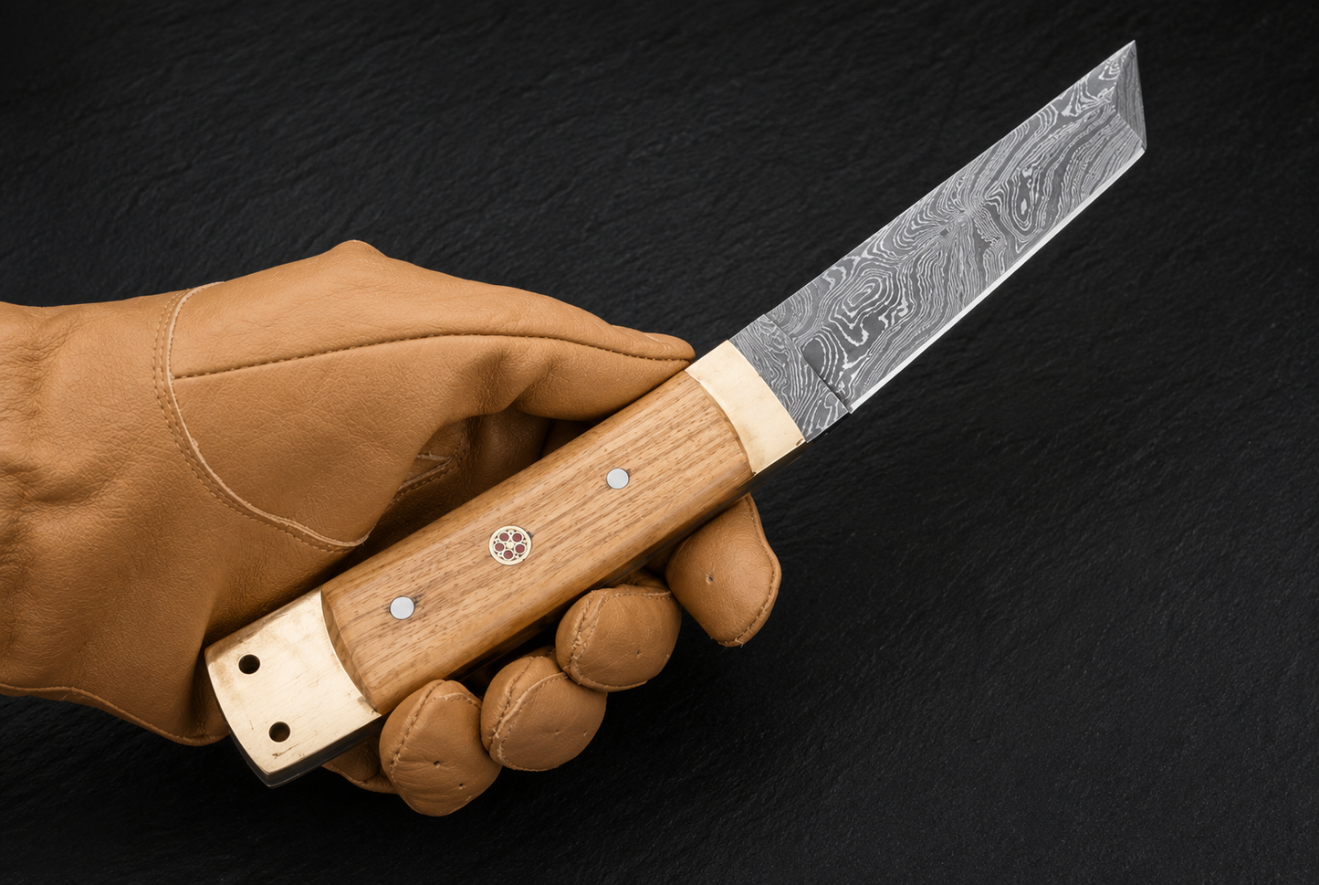 Copper Grove Damascus Steel Utility Knife – 512 Layer Hand Forged Tanto-Style Blade with Olive Wood Handle, Copper Bolster & Leather Sheath