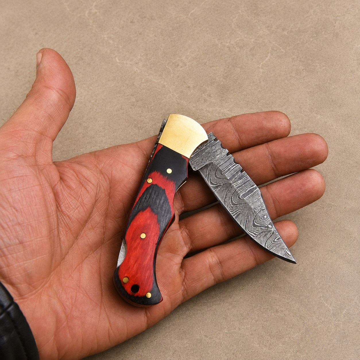 Artisan Folding Knife – Red Pakka Wood Handle, Brass Bolsters, Back Lock & Leather Sheath