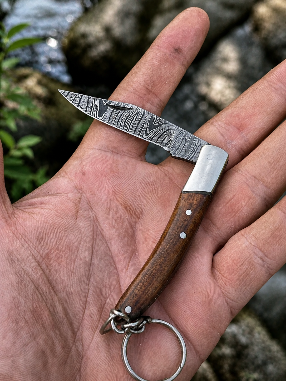 Hand Forged Damascus Steel Folding Knife Keychain – 3” Mini Pocket Knife with Wood & Steel Handle (512 Layers)