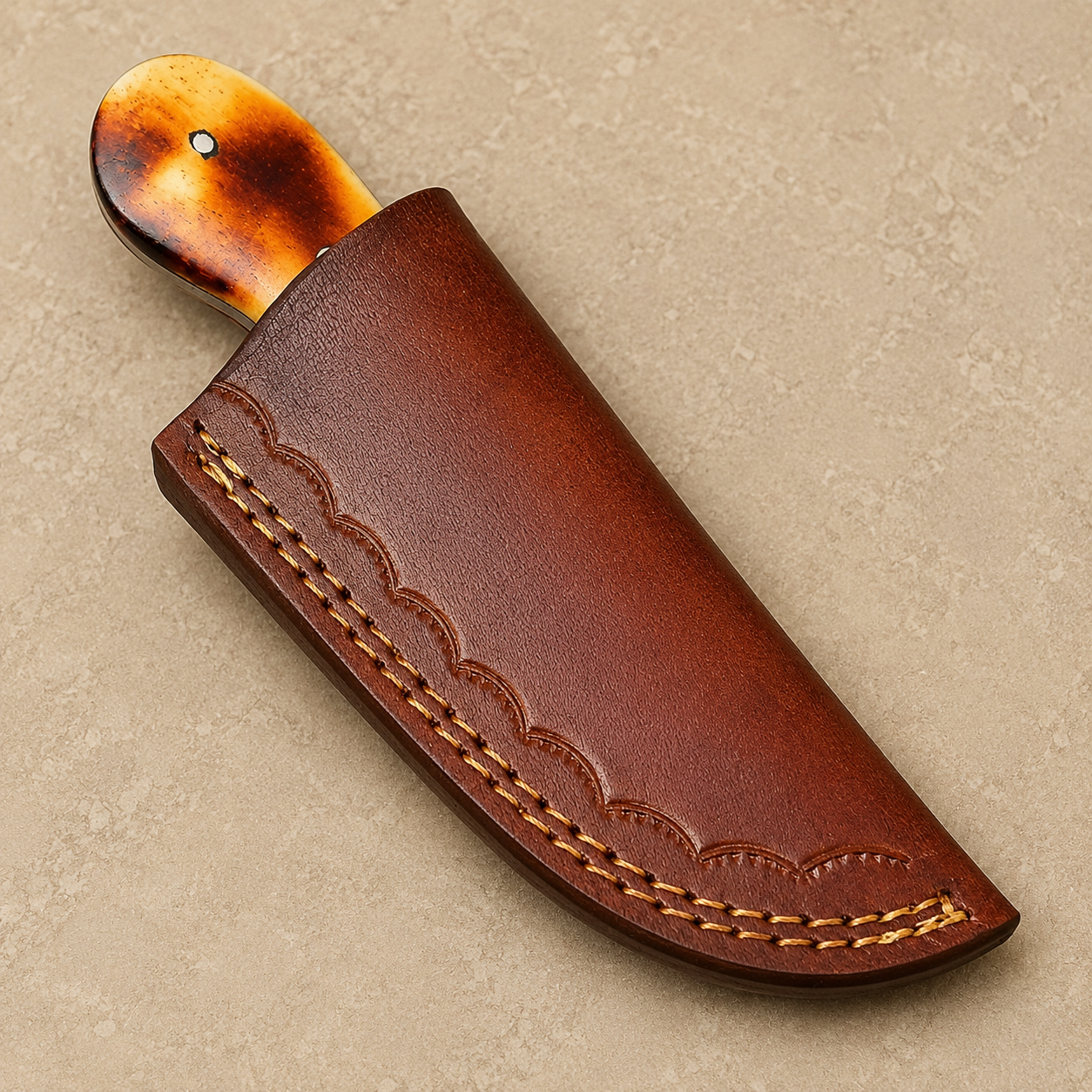 Bone Crest Damascus Steel Utility Knife – 512 Layer Hand Forged Compact Fixed Blade with Bone Handle & Leather Sheath