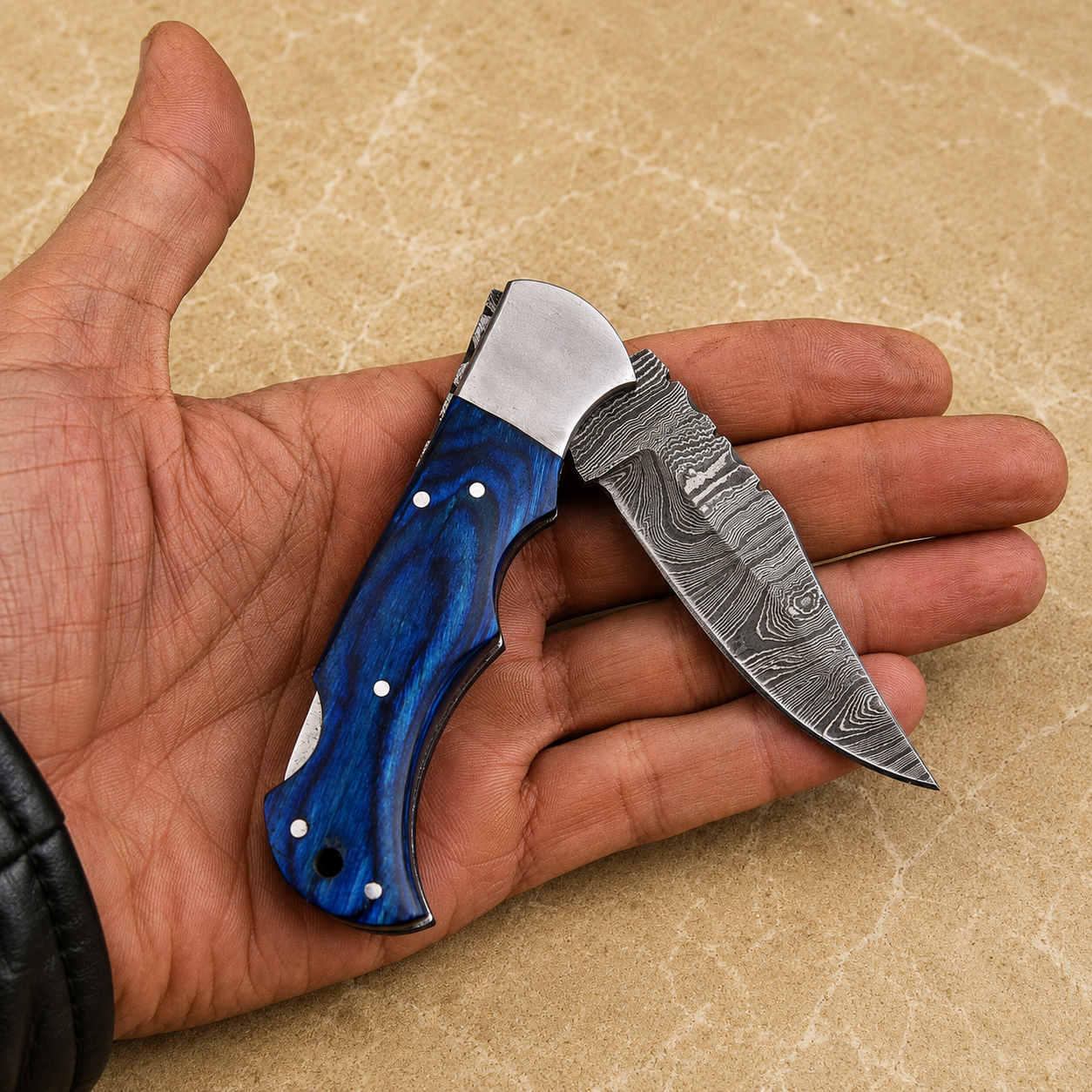 Artisan Damascus Steel Outdoor Folding Pocket Knife – Blue Pukka Wood Handle | Steel Bolster | Classic Back Lock