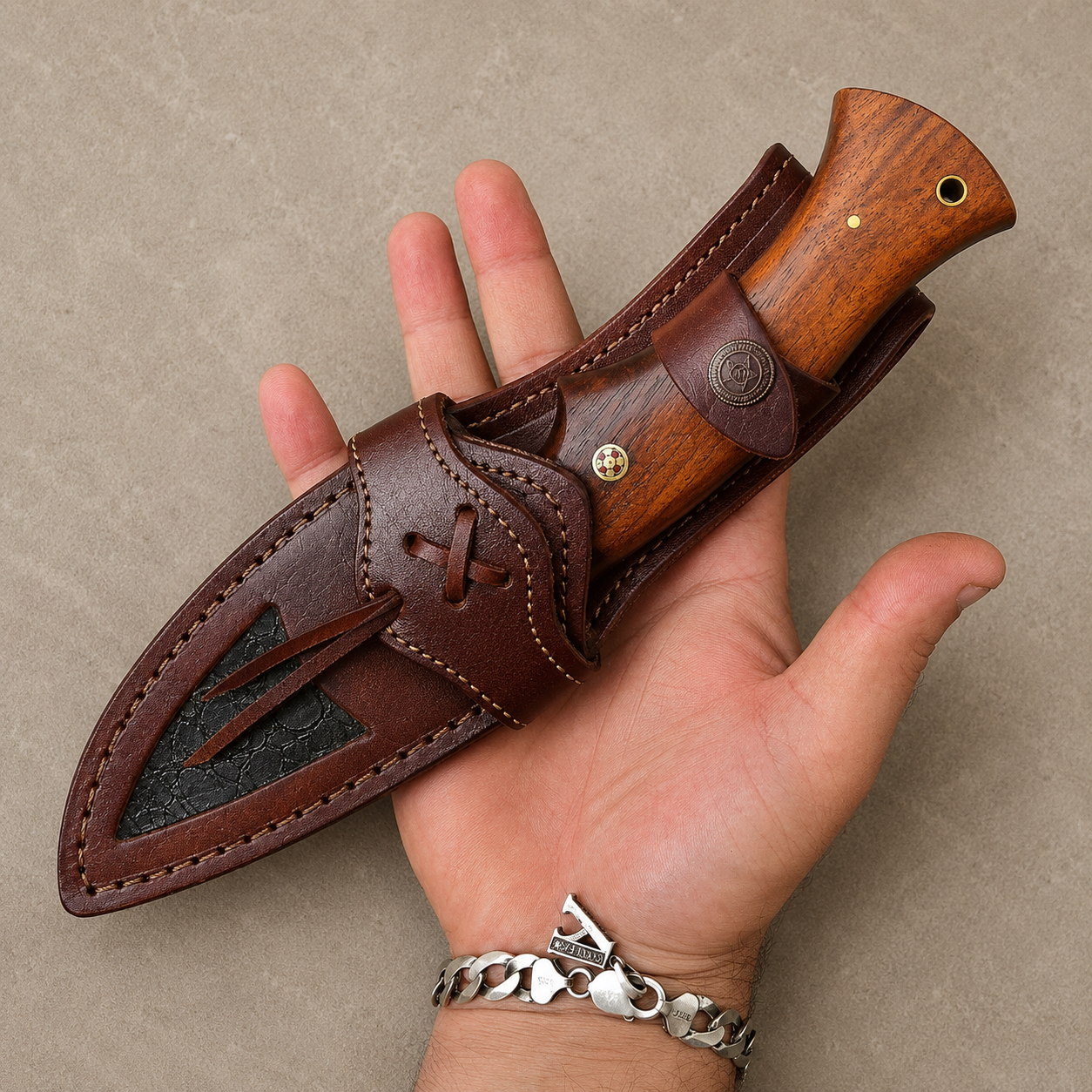 Frontier Legacy Damascus Steel Fixed Blade Knife – 512 Layer Hand Forged Blade with Wood Handle & Leather Sheath