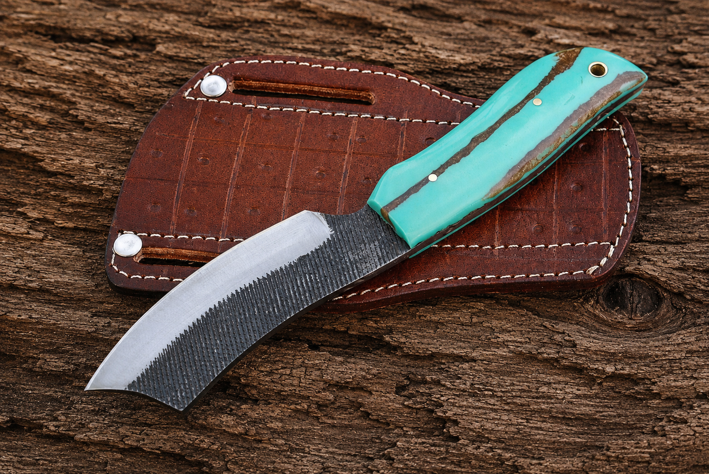 Hand Forged Railroad Spike Fixed Blade Knife – Rustic Steel Knife with Resin Handle & Leather Sheath