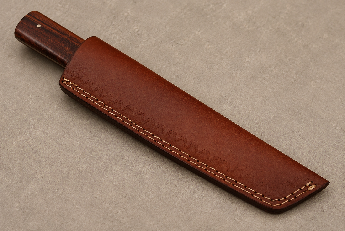 Iron Peak Carbon Steel Knife – Hand Forged Angled Blade with Wood Handle & Leather Sheath