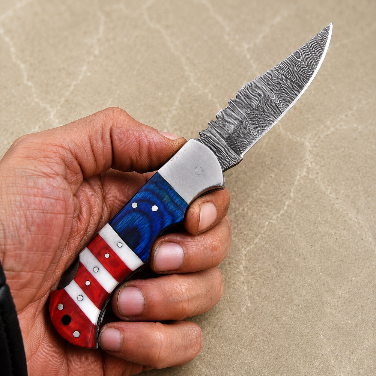 Artisan Folding Damascus Steel Pocket Knife – Blue & Red  Pakka Wood & Ivory Bone Handle, Steel Bolster & Classic Back Lock