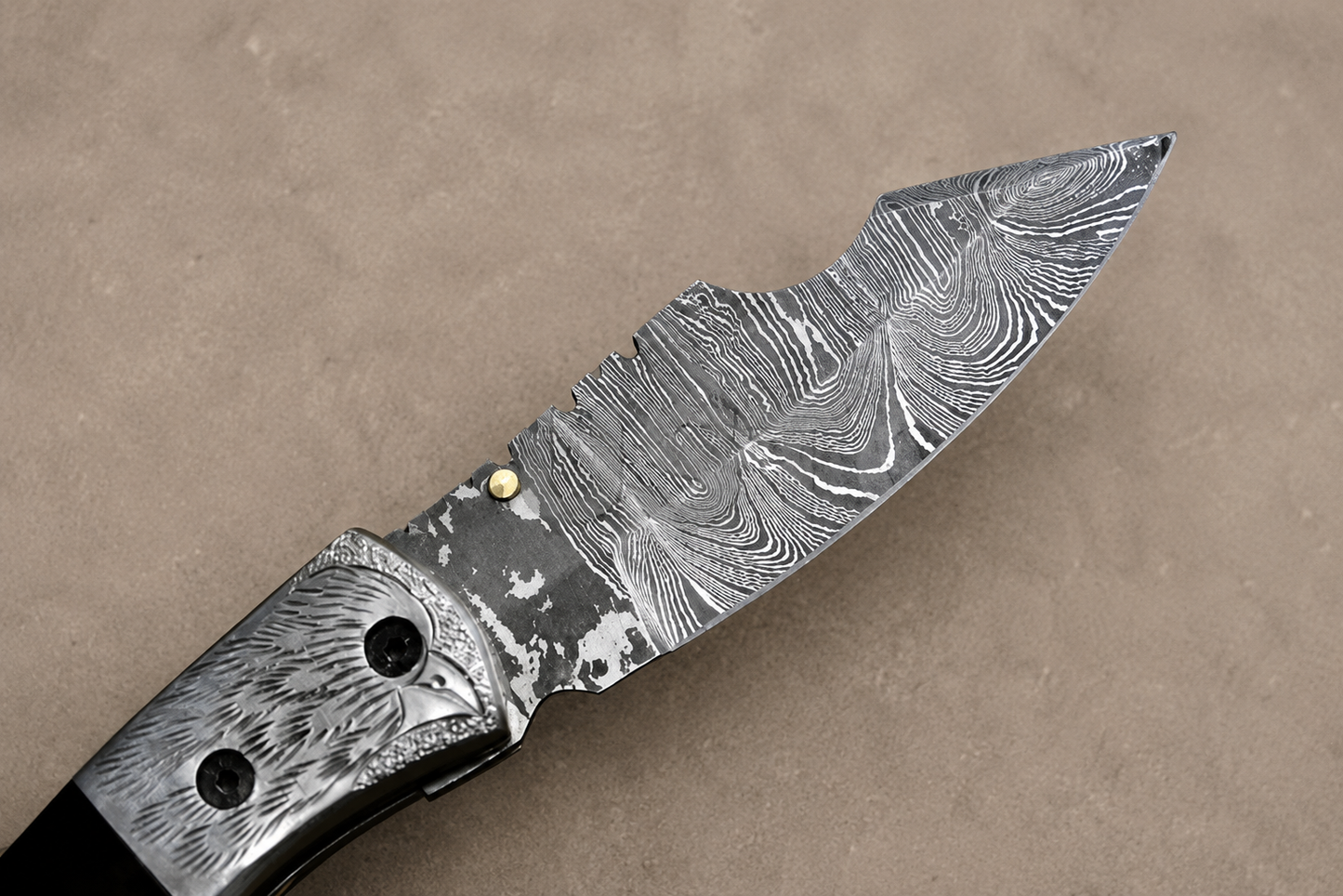 Hand Forged Damascus Steel Folding Knife with Bull Horn Handle