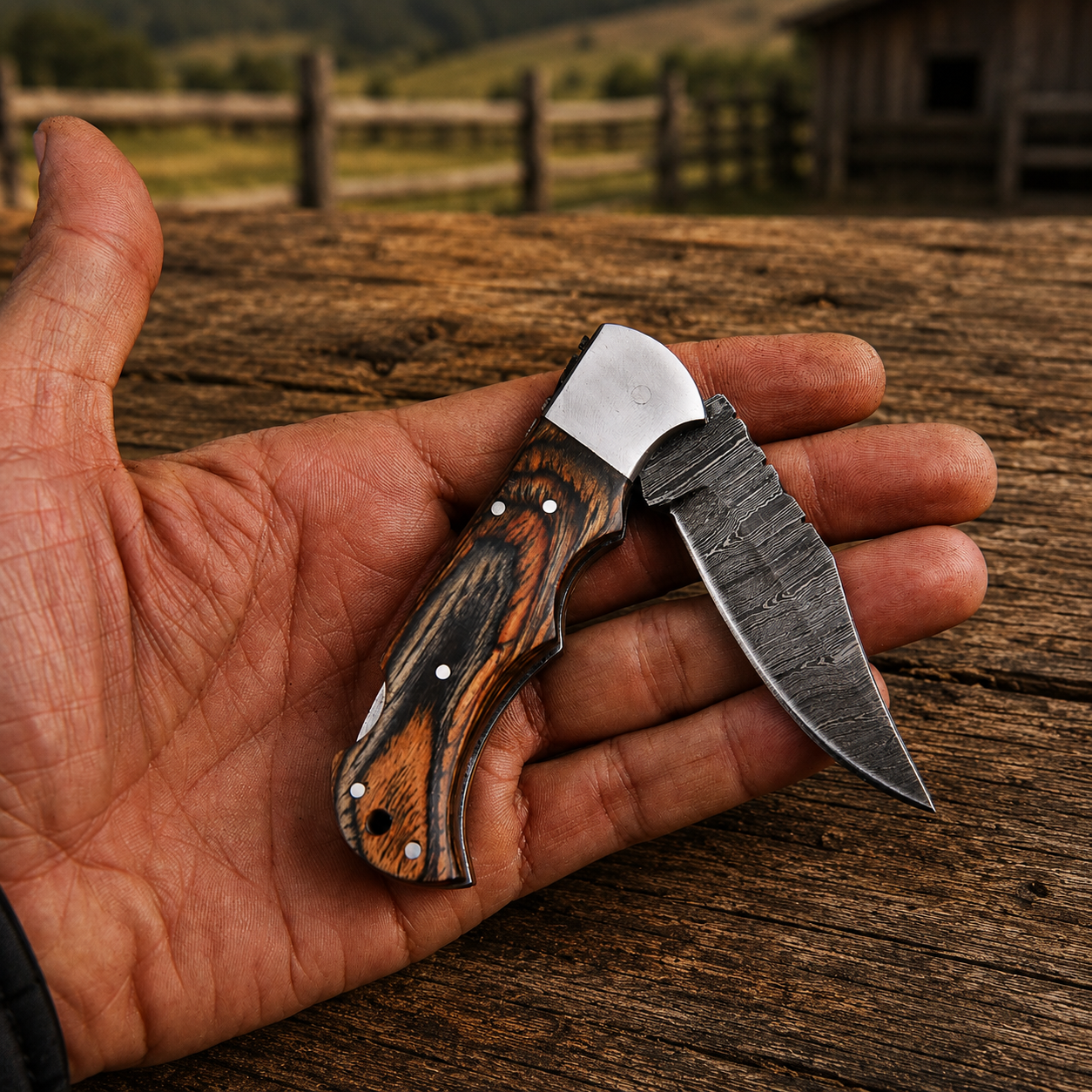 Artisan Folding Damascus Steel Pocket Knife – Brown Pukka Wood Handle | Steel Bolster | Classic Back Lock
