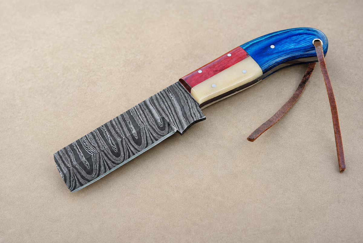 Heritage Trail Damascus Steel Utility Knife – 512 Layer Hand Forged Fixed Blade with Wood & Bone Handle, Leather Sheath