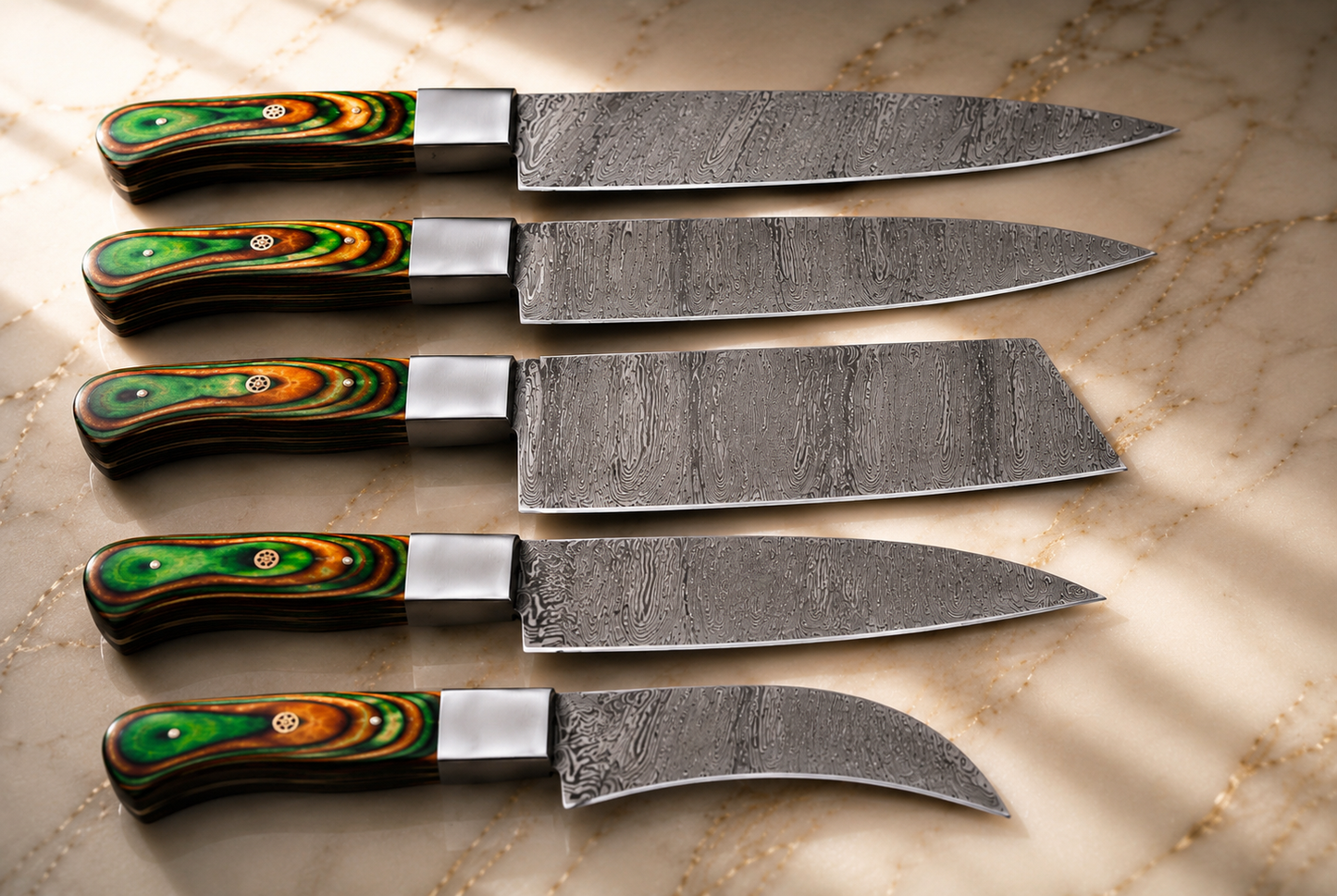 5-Piece Hand Forged Damascus Steel Kitchen Knife Set with Wood Handle & Leather Sheath – 512 Layers Chef Knives & Cleaver