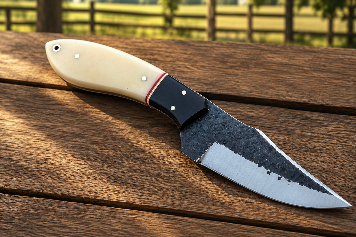 Handmade Railroad Spike Carbon Steel Utility Knife – Natural Bone & Horn Handle | Leather Sheath Included