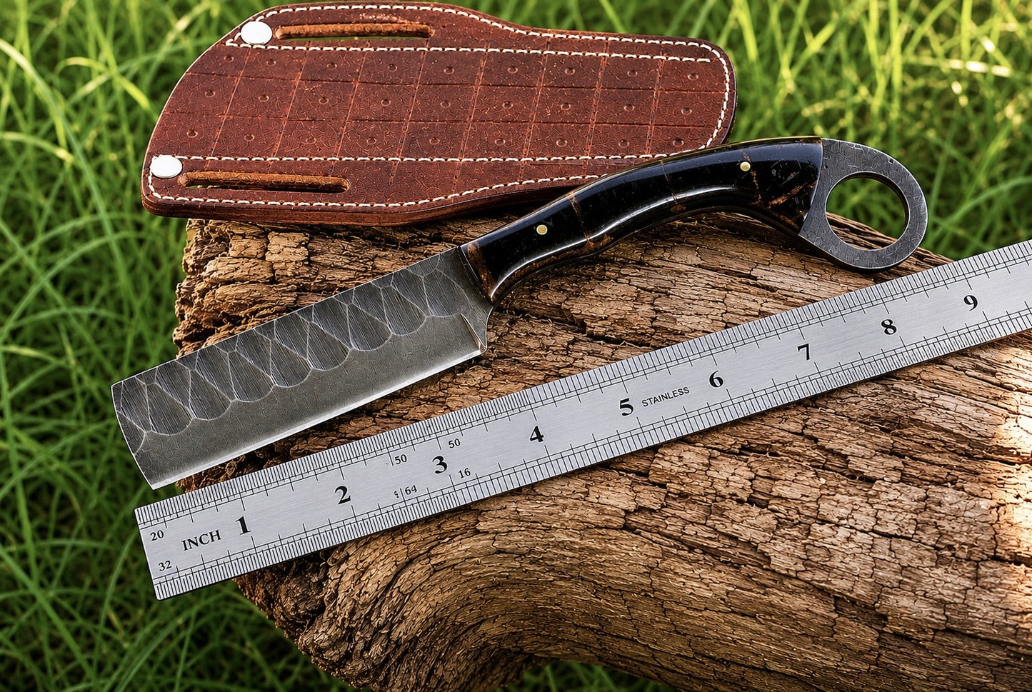 Hand Forged Railroad Steel Fixed Blade Tool with Risen Handle – Compact Utility Tool with Leather Sheath