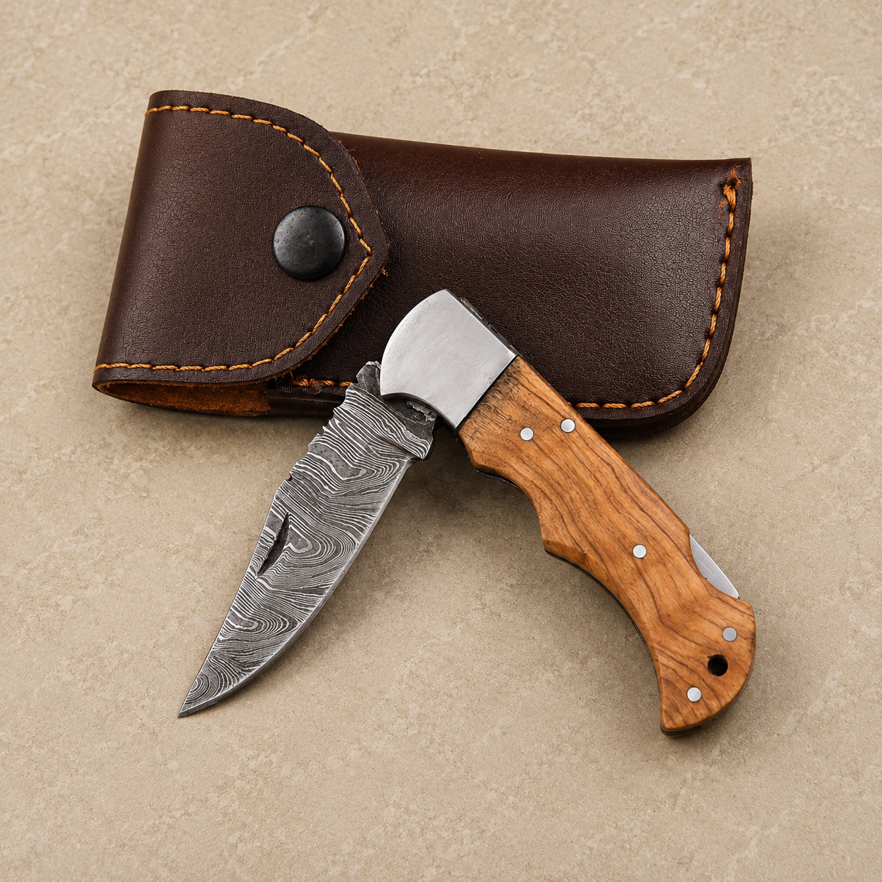 Hand Forged Folding Damascus Steel Pocket Knife – Premium Wood Handle | Steel Bolster | Back Lock Design
