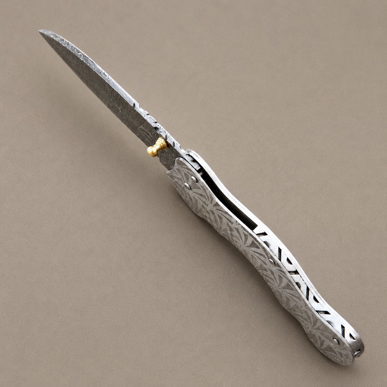Hand Forged Damascus Steel Folding Pocket Knife with Engraved Steel Handle