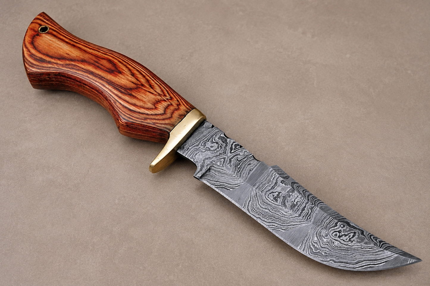 Frontier Forge Damascus Steel Knife – 512 Layer Hand Forged Blade with Stained Wood Handle, Brass Guard & Leather Sheath