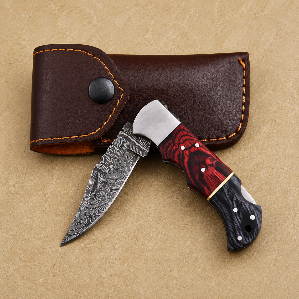 Crimson Edge Damascus Steel Folding Knife – Red & Black Pukka Wood Handle, Steel Bolster & Classic Back Lock Custom Engraving Available
