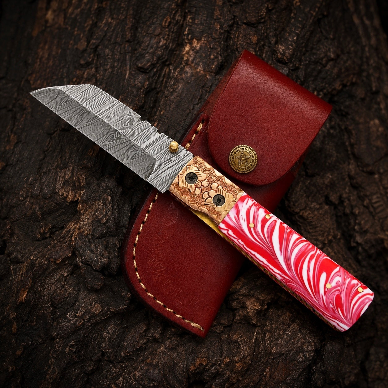 Premium Hand-Forged Damascus Folding Utility Knife with Brass Engraved Handle – 512 Layers Compact Tool with Leather Sheath