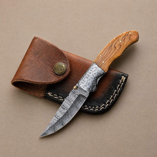Hand Forged Damascus Steel Folding Pocket Knife with Wood Handle