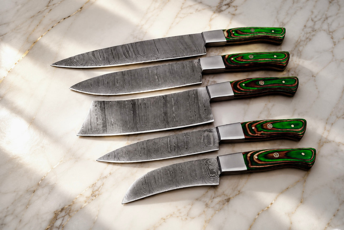 5-Piece Hand Forged Damascus Steel Kitchen Knife Set with Wood Handle & Leather Sheath – 512 Layers Chef Knives & Cleaver