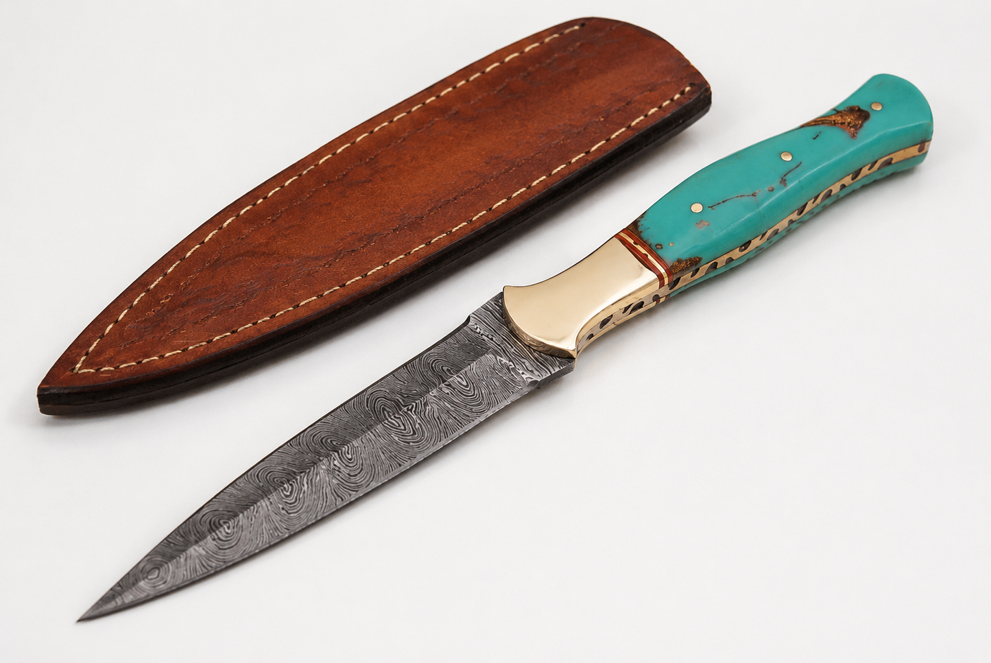 Hand Forged Damascus Steel Fixed Blade Knife – Resin & Brass Bolster Handle | Leather Sheath Included