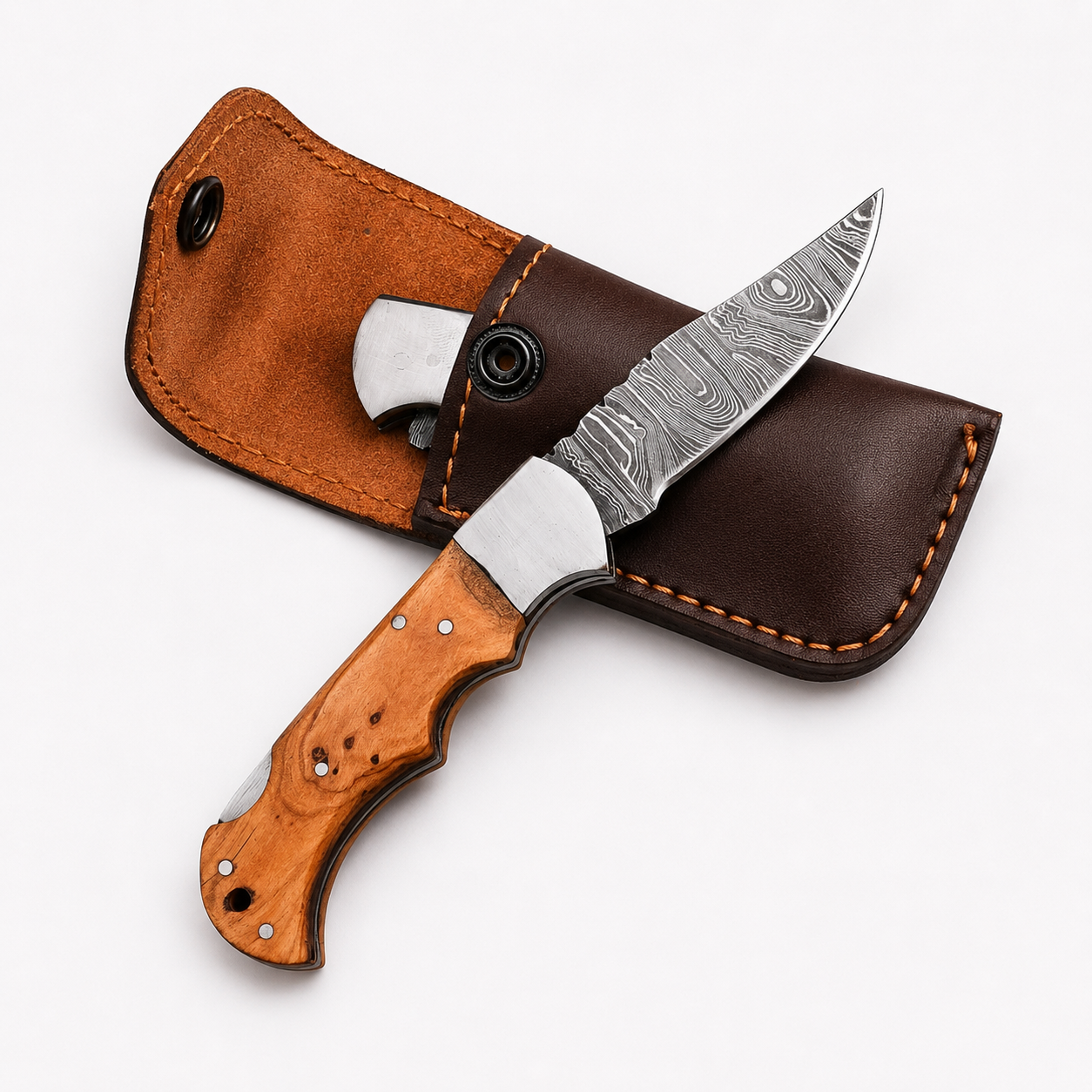 Hand Forged Folding Damascus Steel Pocket Knife – Premium Wood Handle | Steel Bolster | Back Lock Design