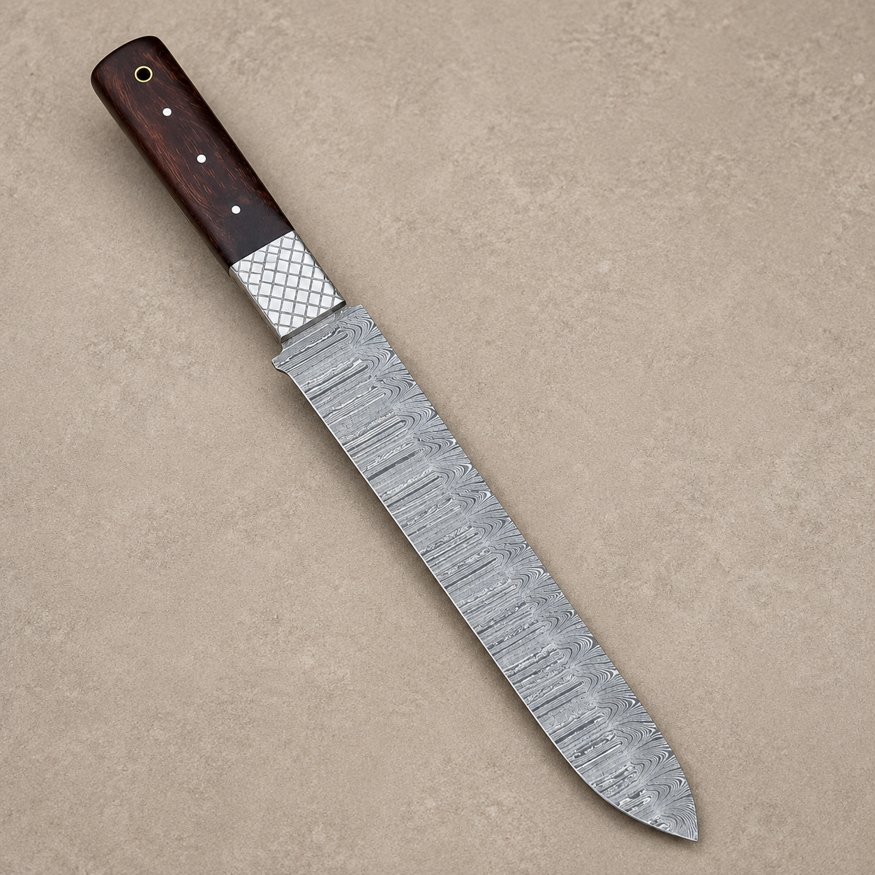 Smokehouse Damascus Brisket Knife – 15-Inch Hand Forged Chef Knife with Wood Handle & Leather Sheath