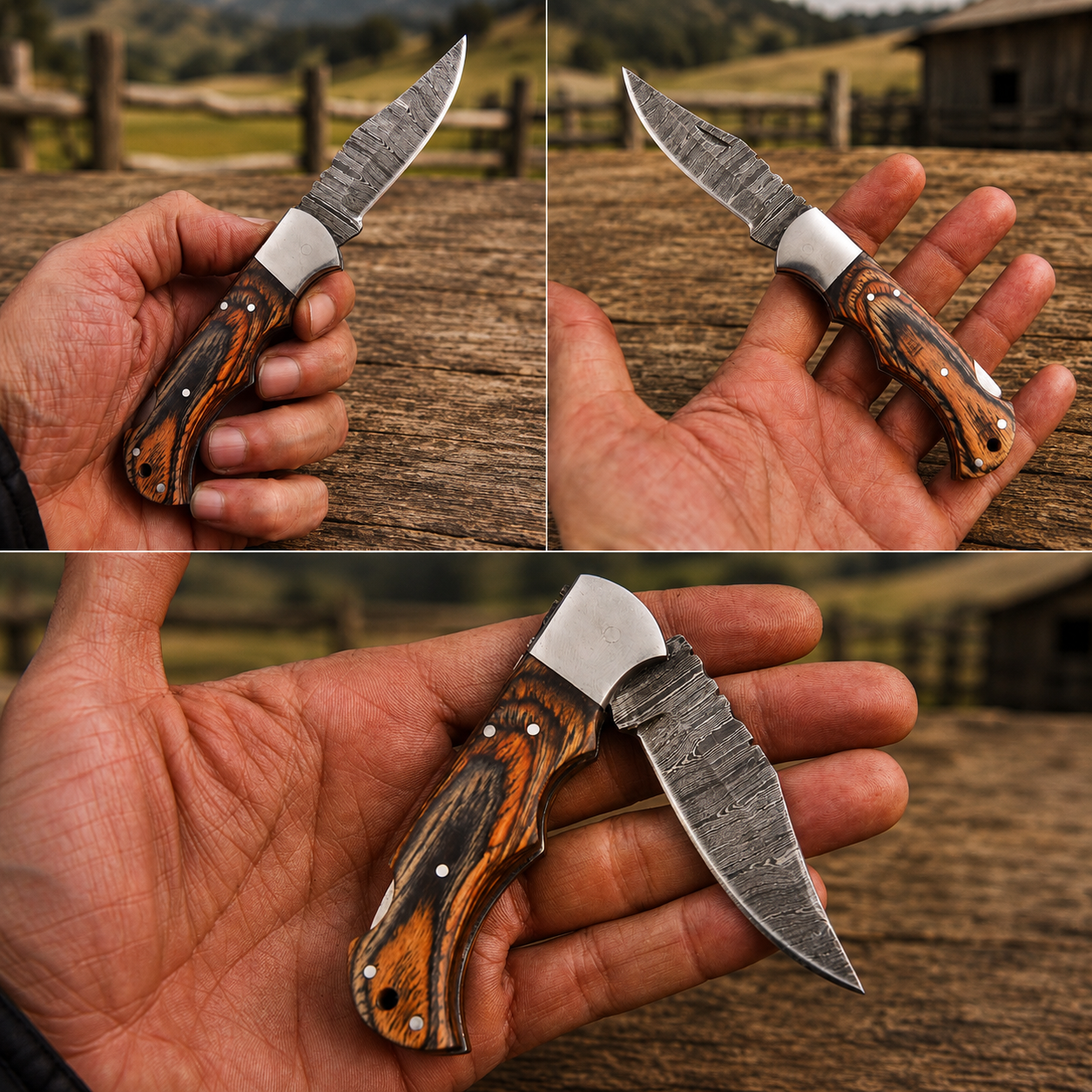 Artisan Folding Damascus Steel Pocket Knife – Brown Pukka Wood Handle | Steel Bolster | Classic Back Lock