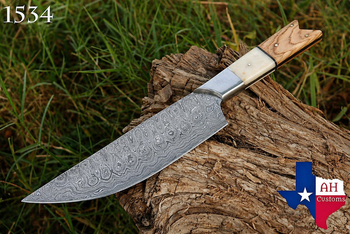 Damascus Steel Chef Knife – 8” Blade with Camel Bone & Olive Wood Handle | 512 Layers