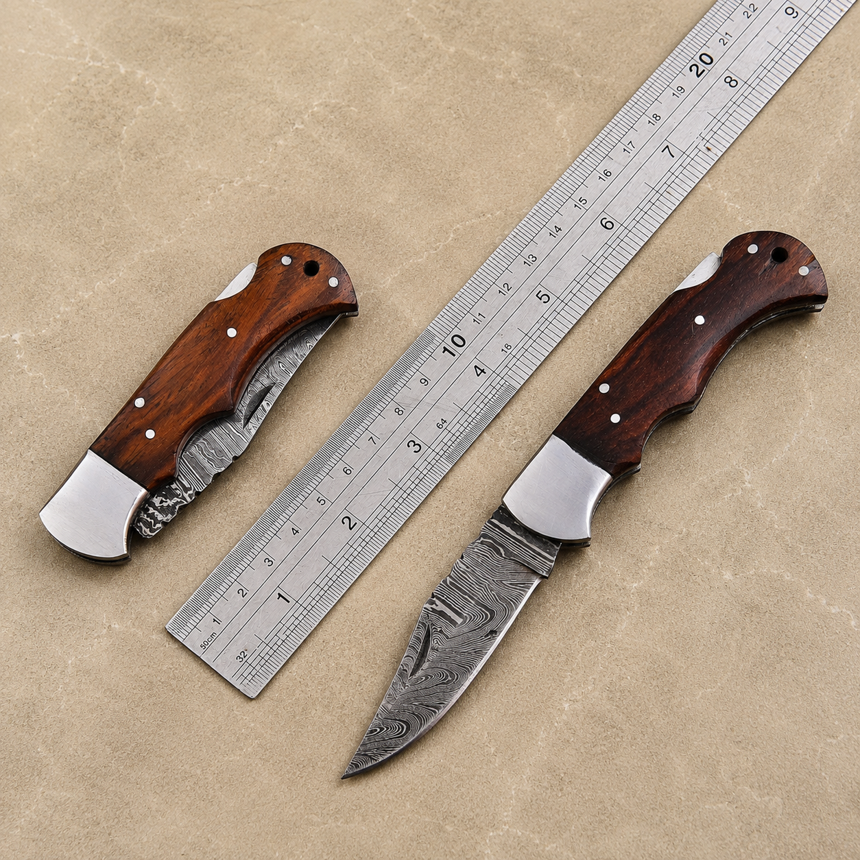Artisan Damascus Folding Knife – Mocha Brown Rose Wood Handle