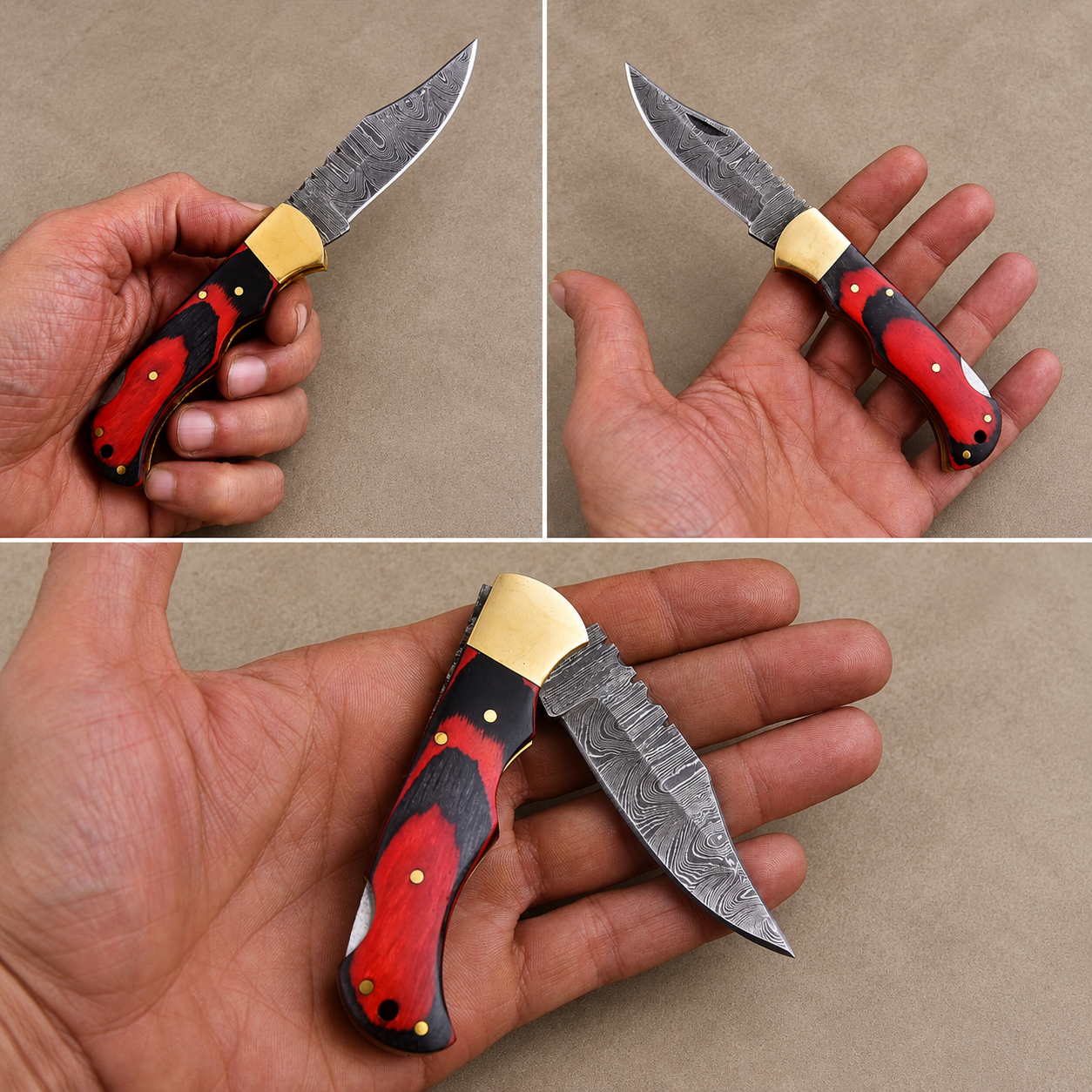 Artisan Folding Knife – Red Pakka Wood Handle, Brass Bolsters, Back Lock & Leather Sheath