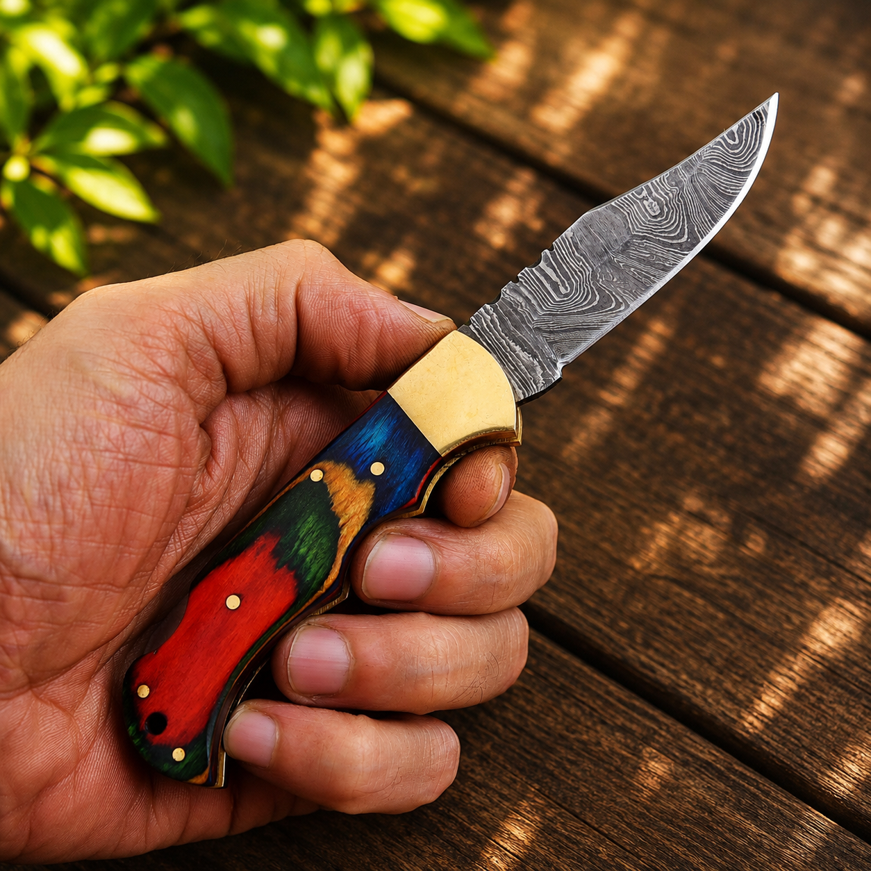 Handcrafted Damascus Steel Folding Utility Knife – Premium Outdoor Tool with Wood & Brass Handle