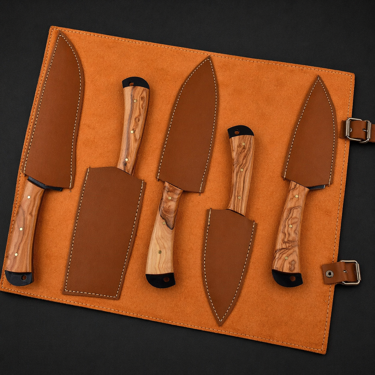 Hand Forged Carbon Steel Chef Knife Set – 5 Piece Kitchen Set with Engraved Wood Handles & Leather Sheath