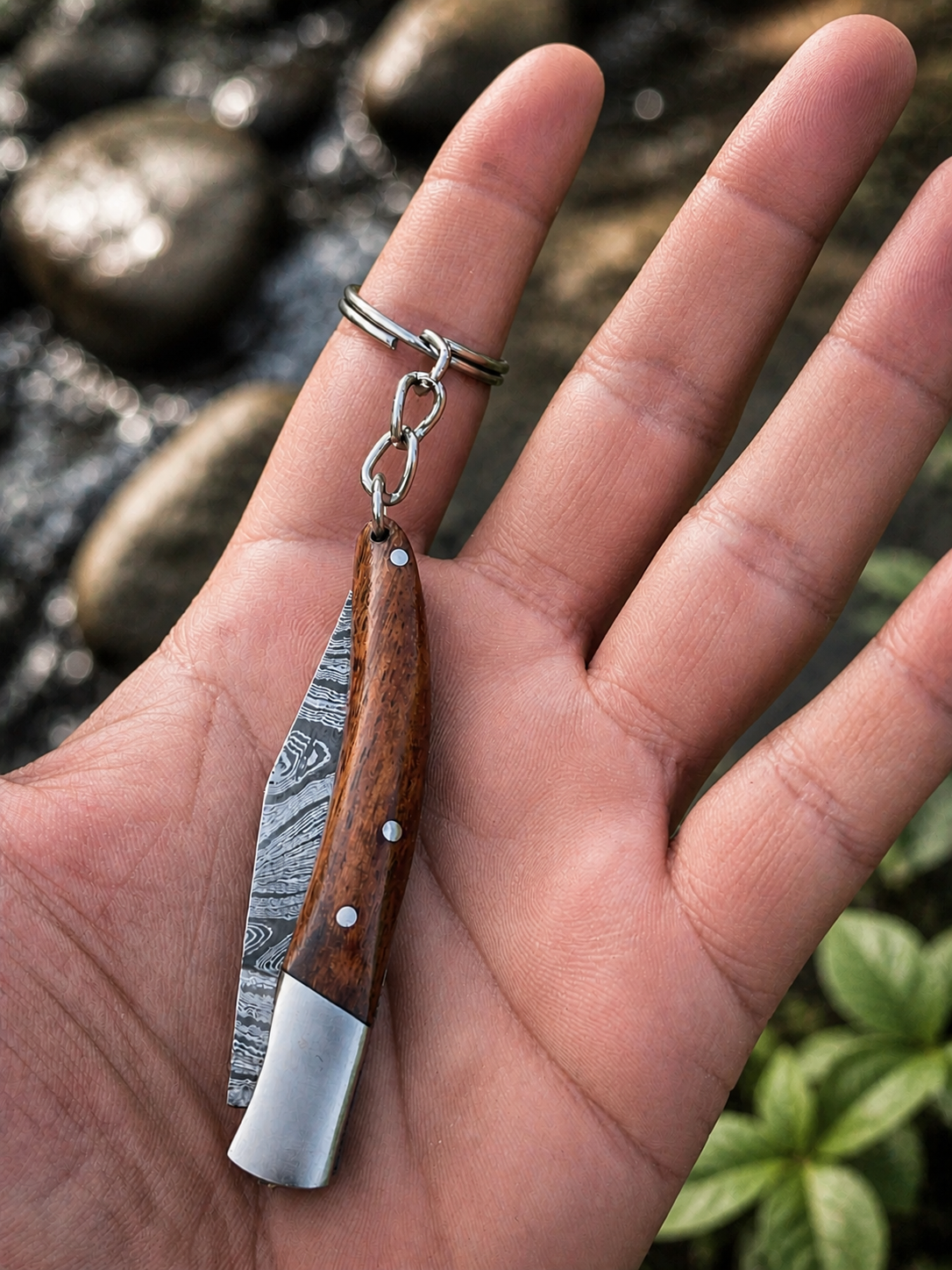 Hand Forged Damascus Steel Folding Knife Keychain – 3” Mini Pocket Knife with Wood & Steel Handle (512 Layers)