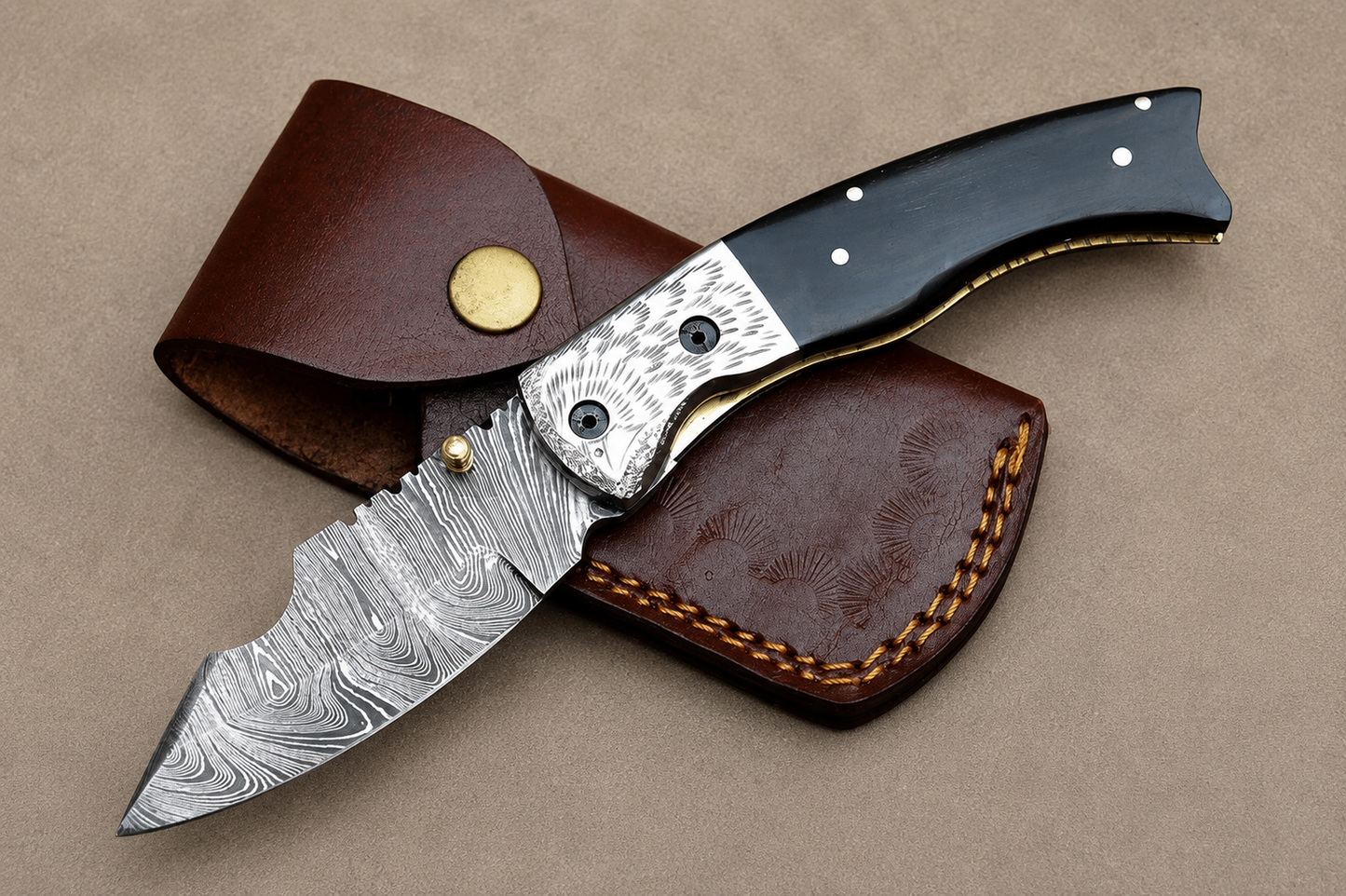 Hand Forged Damascus Steel Folding Knife with Bull Horn Handle