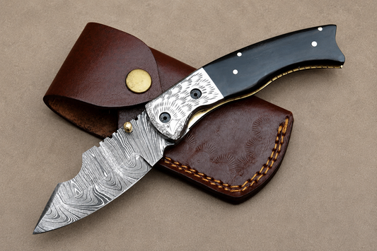 Hand Forged Damascus Steel Folding Knife with Bull Horn Handle