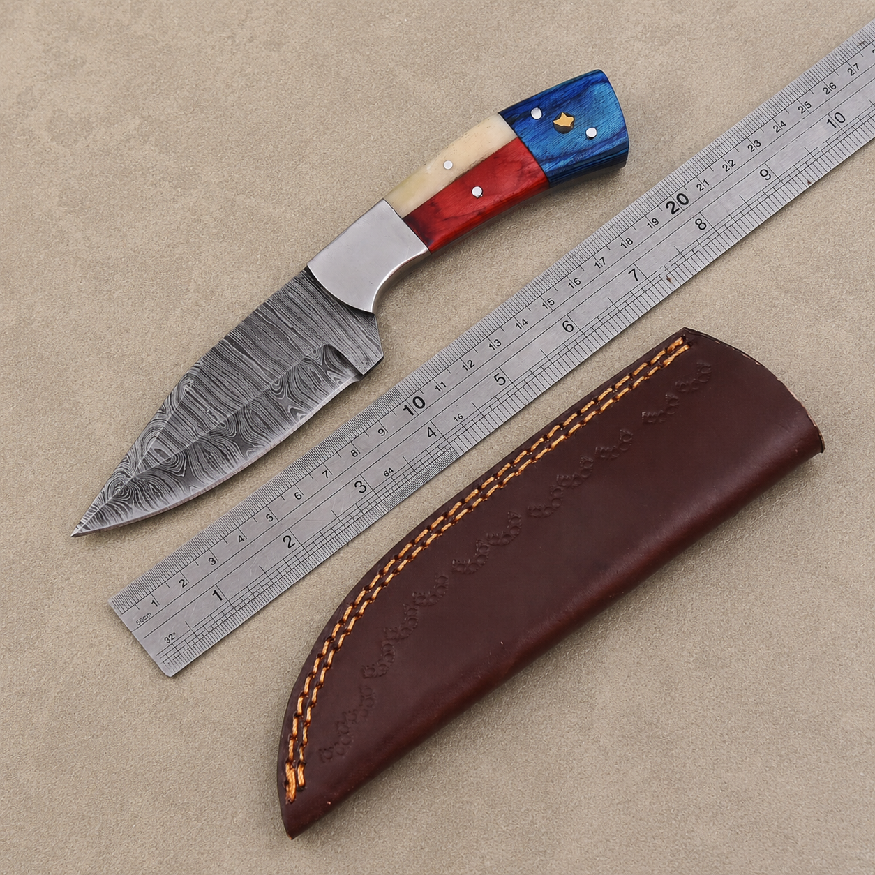 Texas Pride Handmade Damascus Fixed Blade Knife – Bone & Wood Handle With Leather Sheath