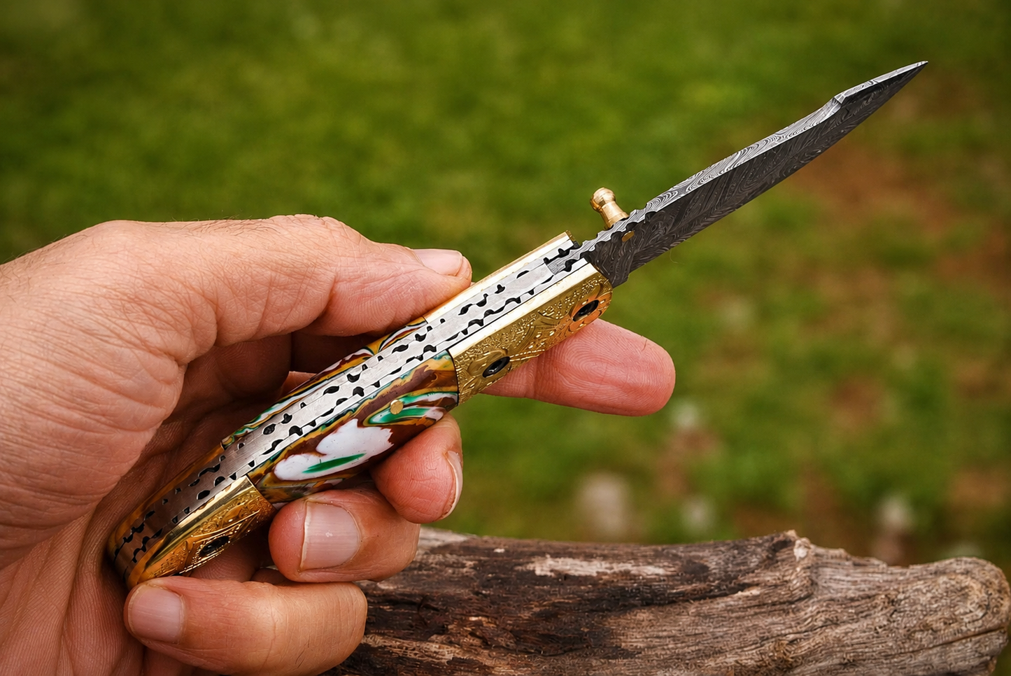 Hand Forged Damascus Steel Folding Pocket Knife – 512 Layers with Wood & Steel Bolster Handle and Leather Sheath