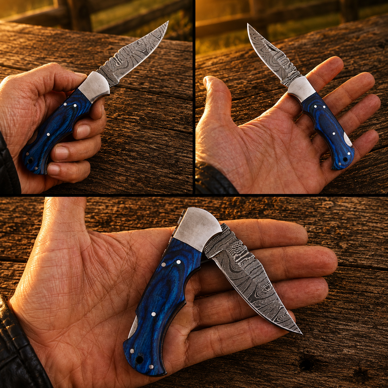 Artisan Folding Damascus Steel Pocket Knife – Blue Pukka Wood Handle | Steel Bolster | Classic Back Lock