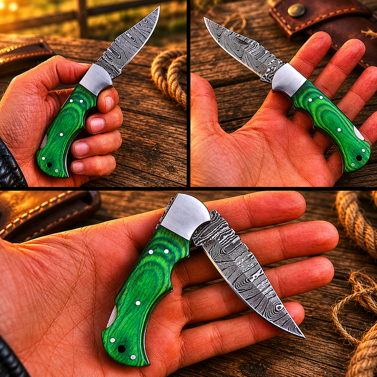 Artisan Folding Damascus Steel Knife – Premium Wood Handle | Steel Bolster |Green Handle| Classic Lock back