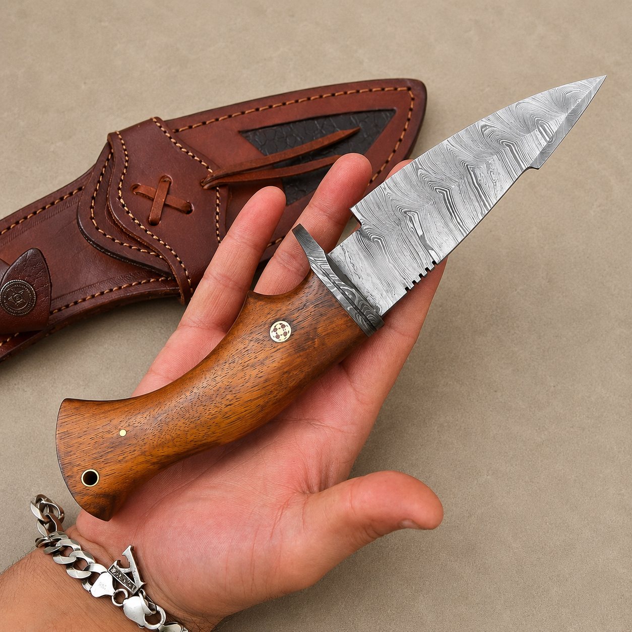 Frontier Legacy Damascus Steel Fixed Blade Knife – 512 Layer Hand Forged Blade with Wood Handle & Leather Sheath