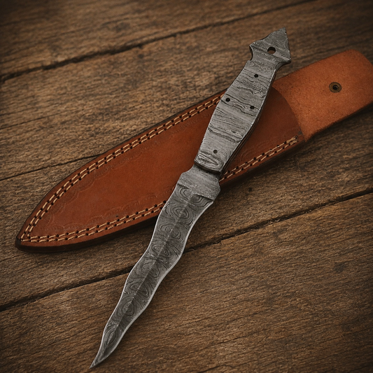 Hand Forged Damascus Steel Full Tang Utility Knife – Handmade Premium Tool with Leather Sheath
