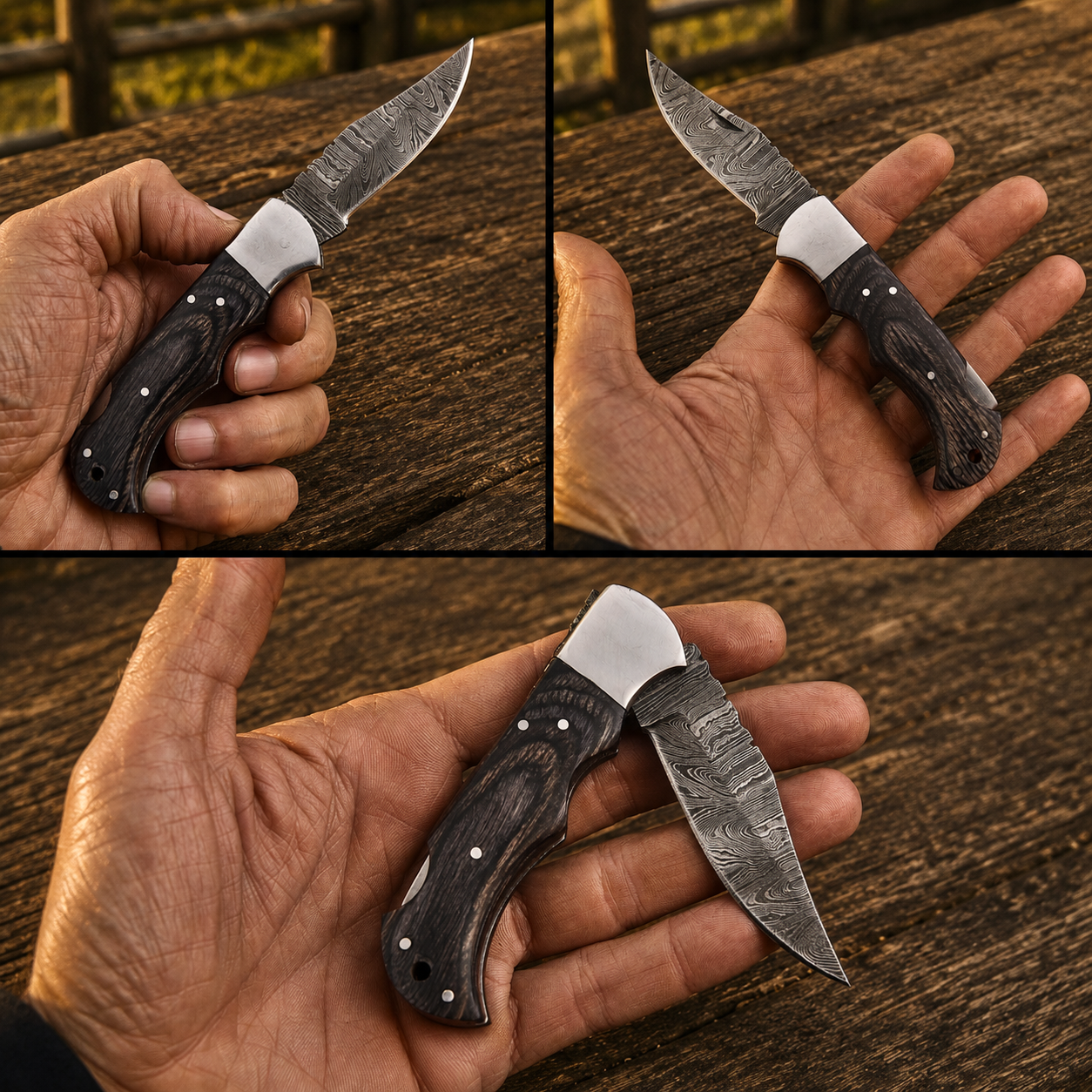 Artisan Folding Damascus Steel Pocket Knife – Black Pukka Wood Handle | Steel Bolster | Classic Back Lock