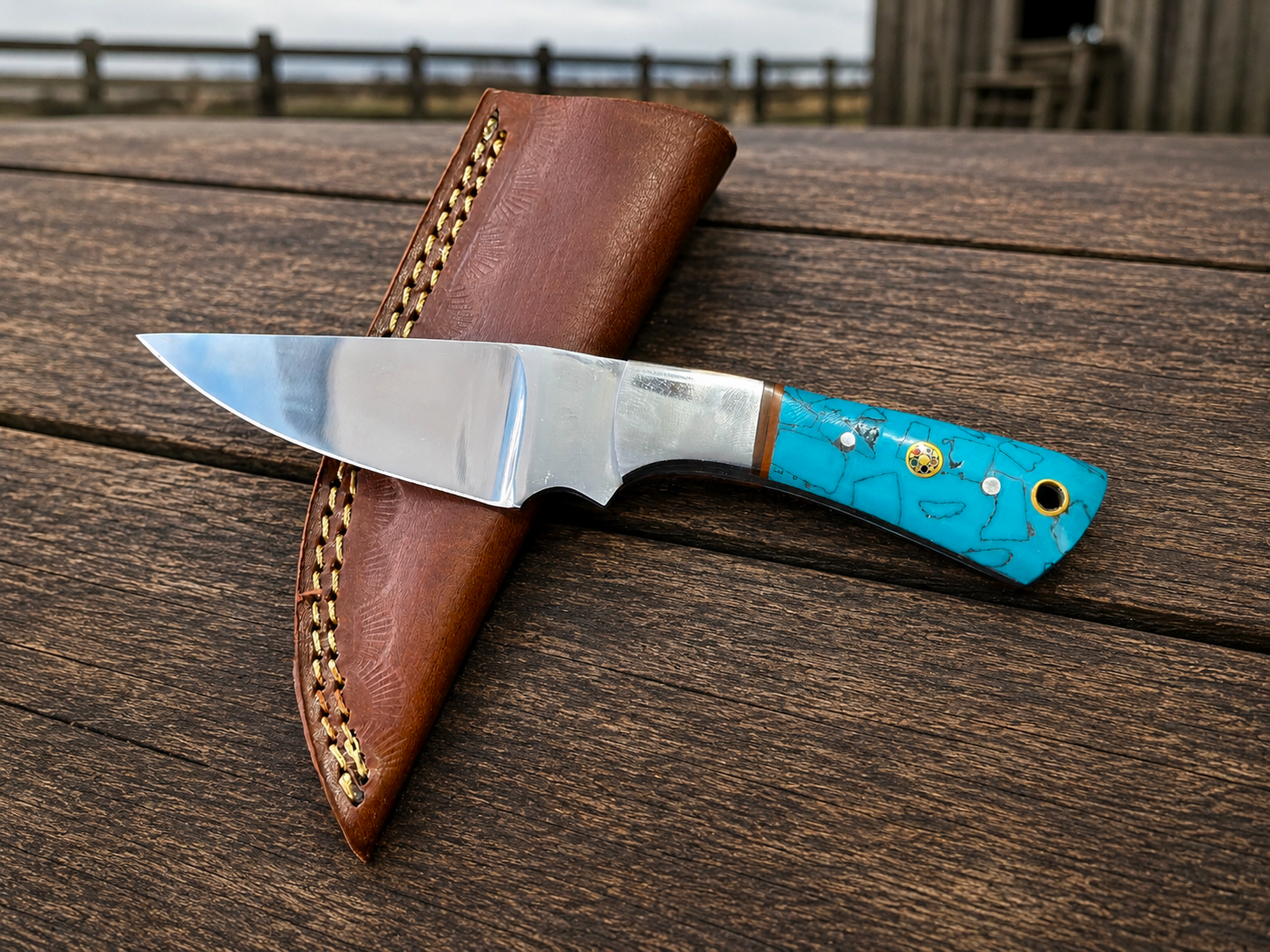 Handmade D2 Steel Fixed Blade Knife with Resin Handle & Leather Sheath – Mirror Polished Finish