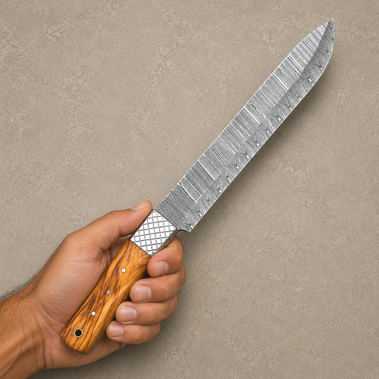 Handmade Damascus Steel Brisket Chef Knife with Wood Handle & Leather Sheath