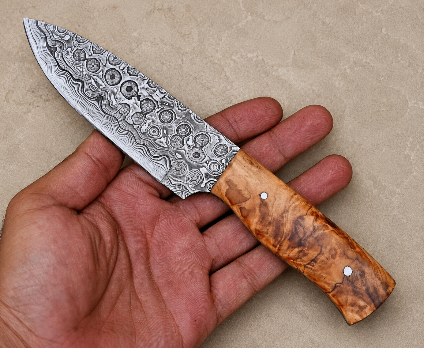 Rain Drop Damascus Steel Utility Knife – Hand Forged 512-Layer Fixed Blade with Natural Wood Handle & Leather Sheath
