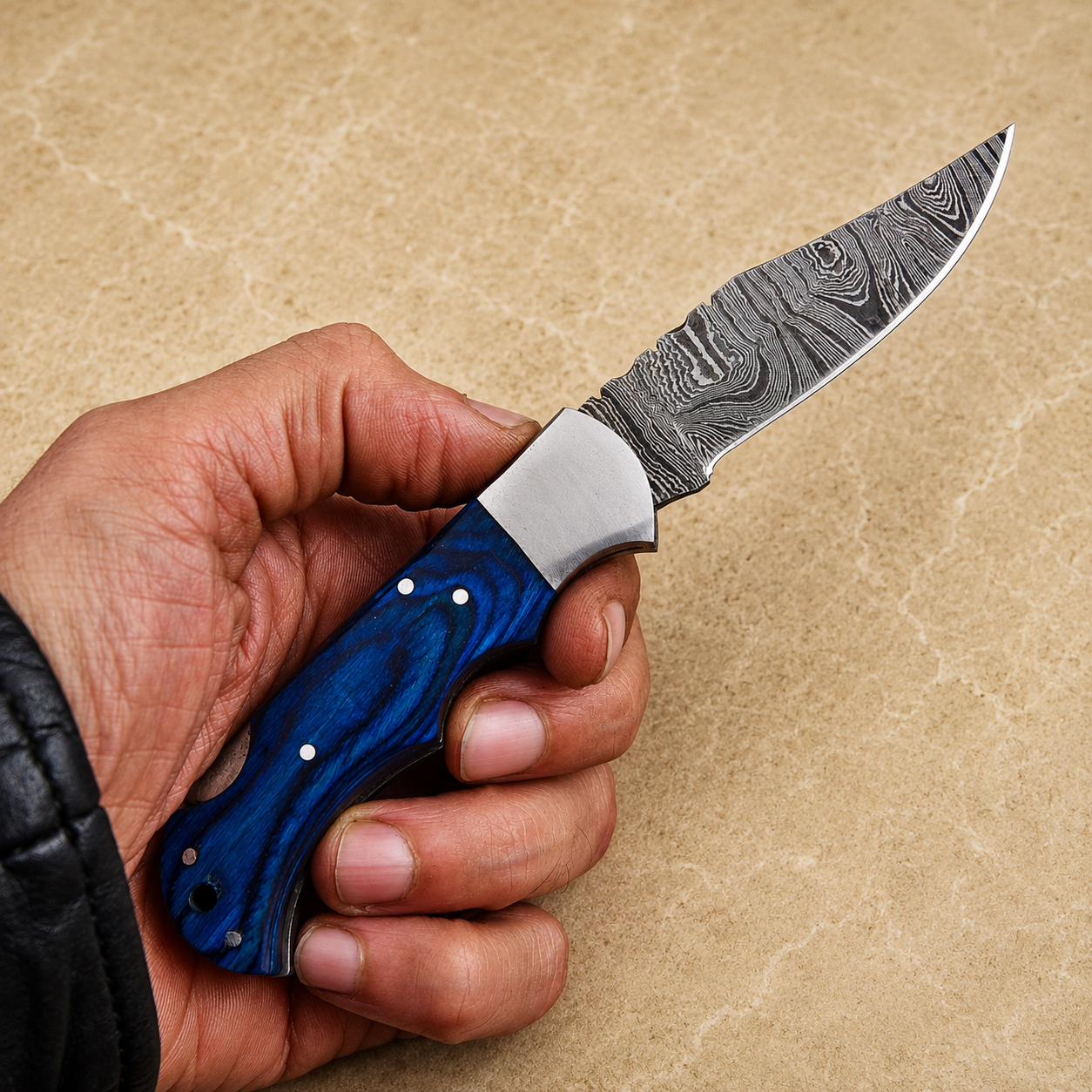 Artisan Damascus Steel Outdoor Folding Pocket Knife – Blue Pukka Wood Handle | Steel Bolster | Classic Back Lock