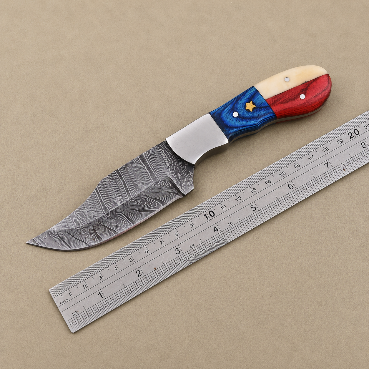 Damascus Steel Fixed Blade Knife with Texas Flag Color Bone & Pakka Wood Handle, Genuine Leather Sheath