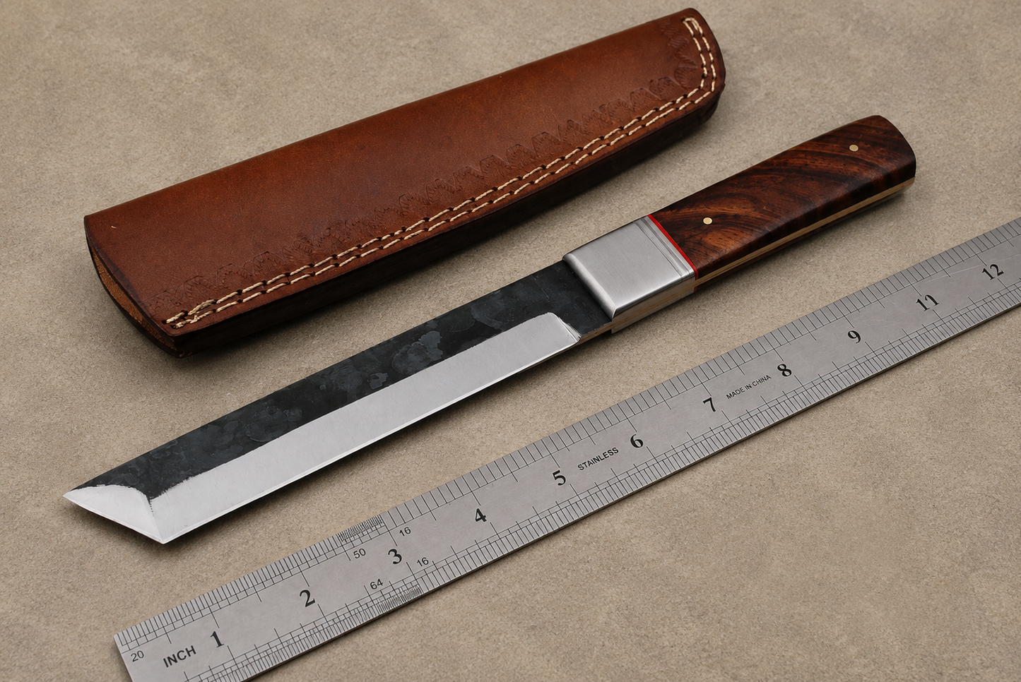 Iron Peak Carbon Steel Knife – Hand Forged Angled Blade with Wood Handle & Leather Sheath