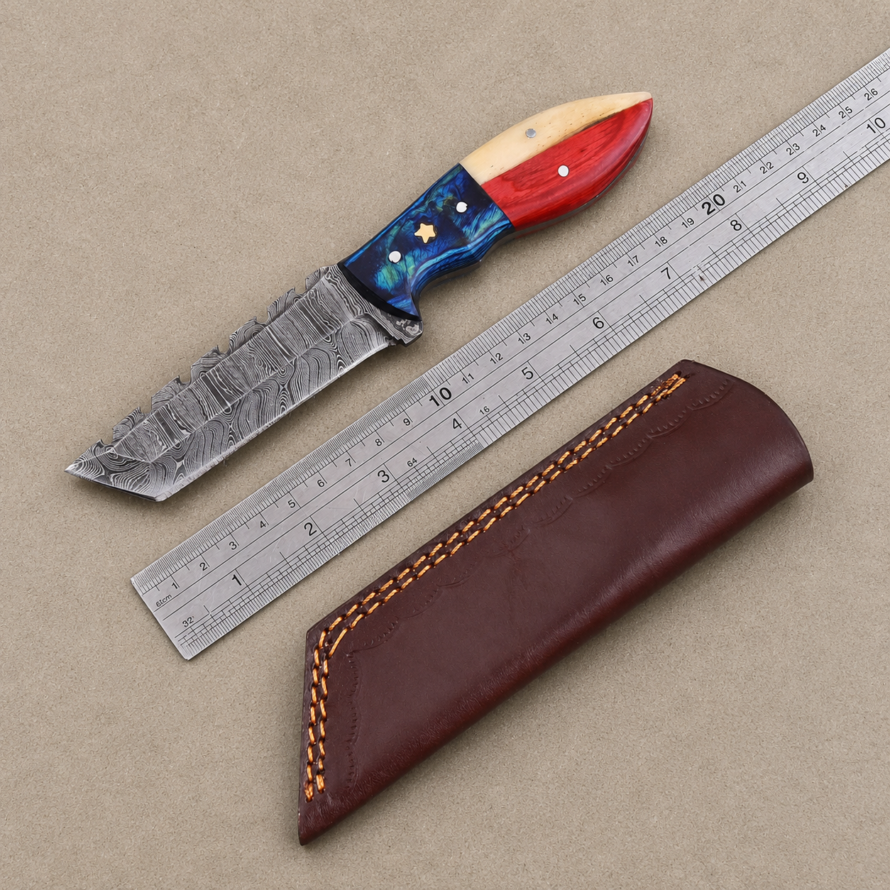Lone Star Legacy Fixed Blade Knife – Hand Forged Steel with Texas Flag Handle, Bone & Wood Scales, Leather Sheath