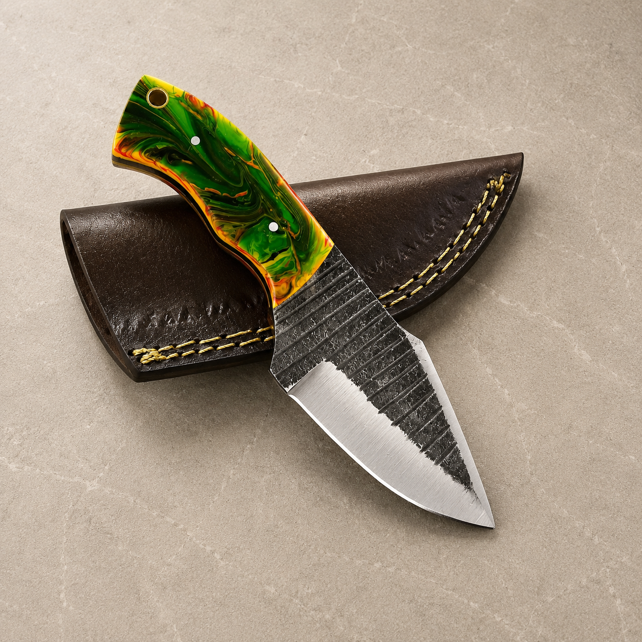 Carbon Ridge 1095 Steel Utility Knife – 6" Hand Forged Fixed Blade with Resin Handle & Leather Sheath