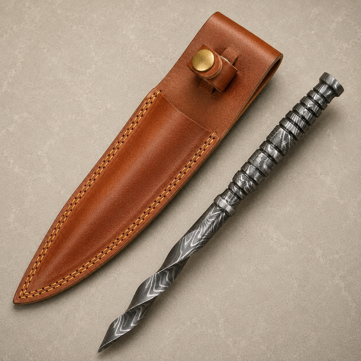 Wave Crest Damascus Steel Knife – 512 Layer Hand Forged Twist Pattern Blade with Leather Sheath